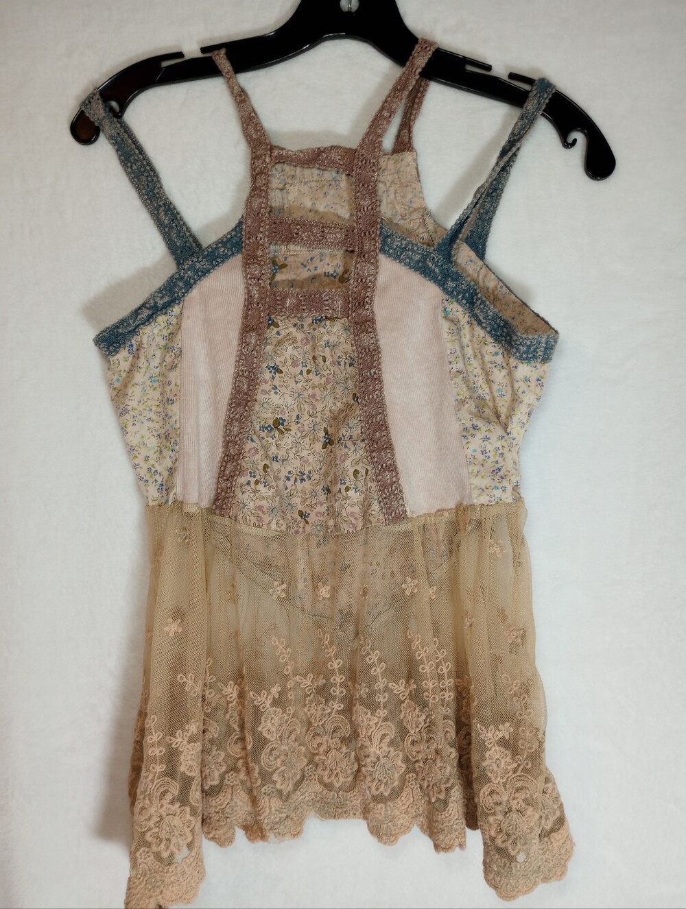 Cottagecore Feminine Tank Top Gimmicks Y2K Sheer Fairy Neutral Blouse Lace Trim - Picture 2 of 7